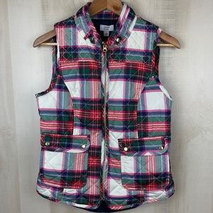 NWT Crown & Ivy Women’s Ivory Red Green Plaid Icon Full Zip Puffer Vest Sz Small
